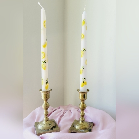 Hand painted taper sticks candle lights with lemons - Picture 2 of 2